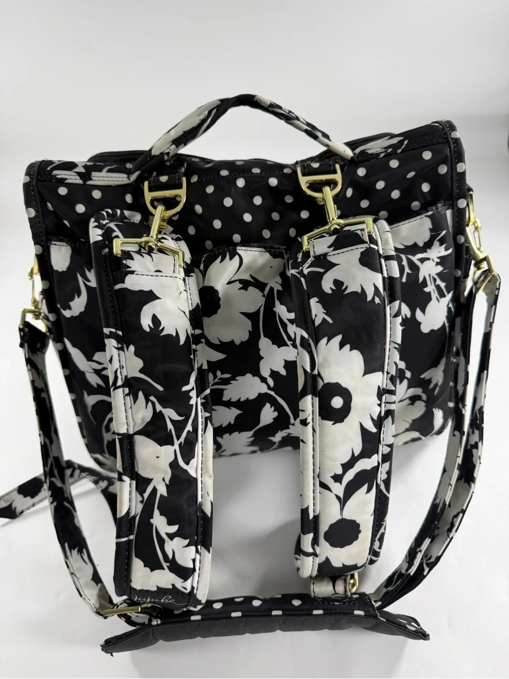 JuJuBe B.F.F. Convertible Diaper Bag Backpack Black White Floral Polka Dot
